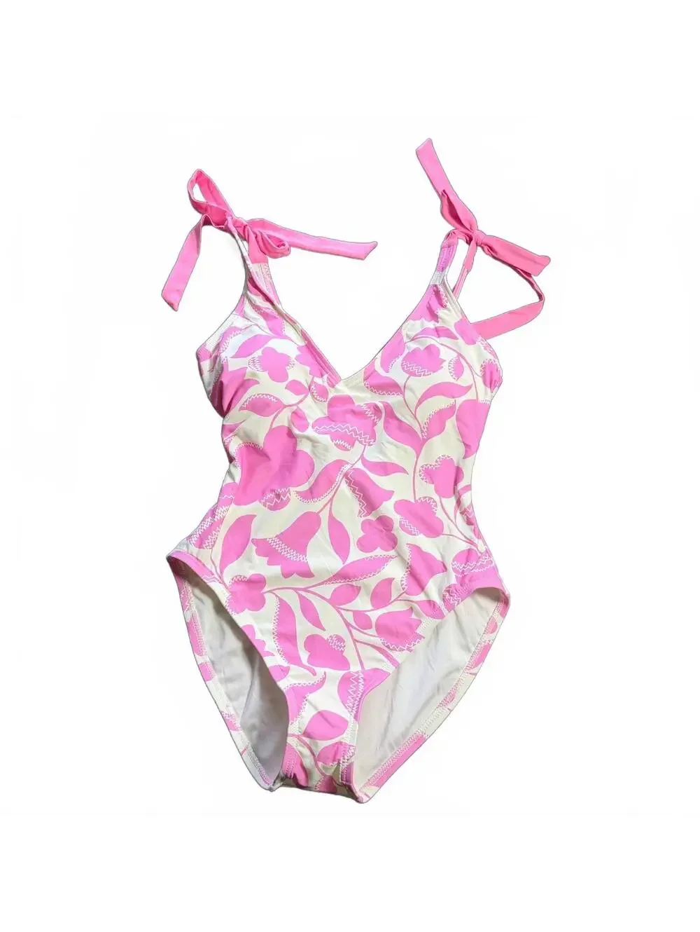 Kate Spade bow shoulder accent v front one piece swimsuit pink cream size S New